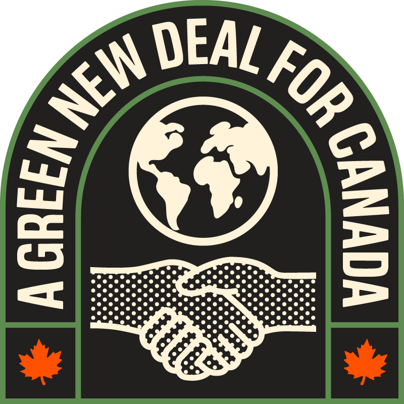 Circular campaign badge with leaf icon reading 'A Green New Deal for Canada'